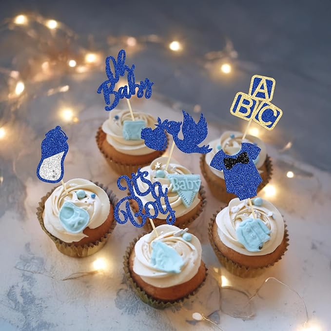 24Pcs Baby Shower Oh Baby Cupcake Toppers with Bow Onesie Bottle Boy Deep Blue Glitter Cake Picks Decorations for Baby Shower Gender Reveal It's a Boy Birthday Party Supplies