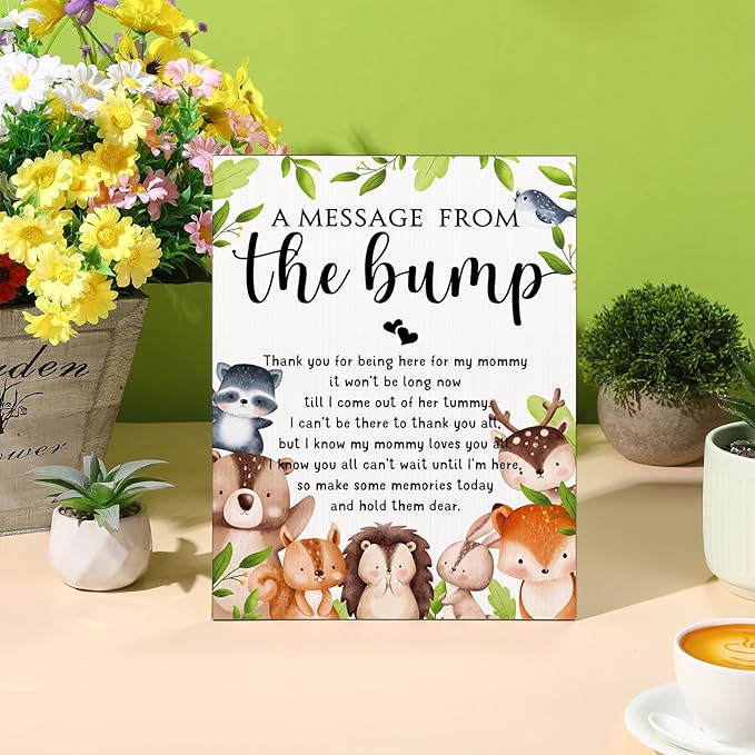 Roowest Cool Baby Shower Tabletop Decoration a Message from the Bump Wooden Baby Shower Games Sign Greenery Cute Gender Reveal Party Thank You Sign, 11.2 x 8.66 Inches(Woodland)