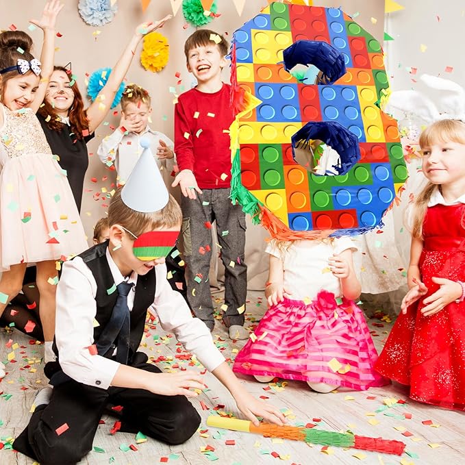 Number 8 Pinata Building Blocks 8th Birthday Party Decorations with Pinata Stick Blindfold for Kids Happy Birthday Building Block Theme Party Supplies (Small, 16 x 10.6 x 3 In)