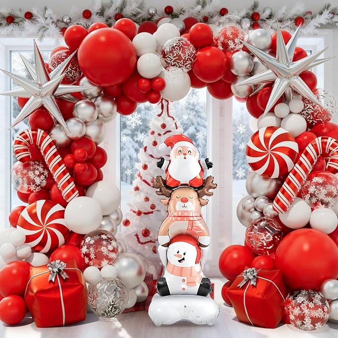 Christmas Balloon Garland Arch kit with Red White Silver Balloons, Confetti Balloons, Candy, Cane, Explosion-Star, Gift Box, santa-claus elk snowman combo Foil Balloons for Xmas Party Decorations