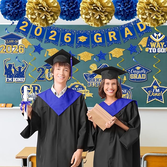 Blue and Gold Graduation Decorations 2026, 2026 Grad Banner and Congrats Grad Hanging Swirls, Blue Graduation Banner Graduations Hanging Swirls College Graduations Party Decorations Class of 2026