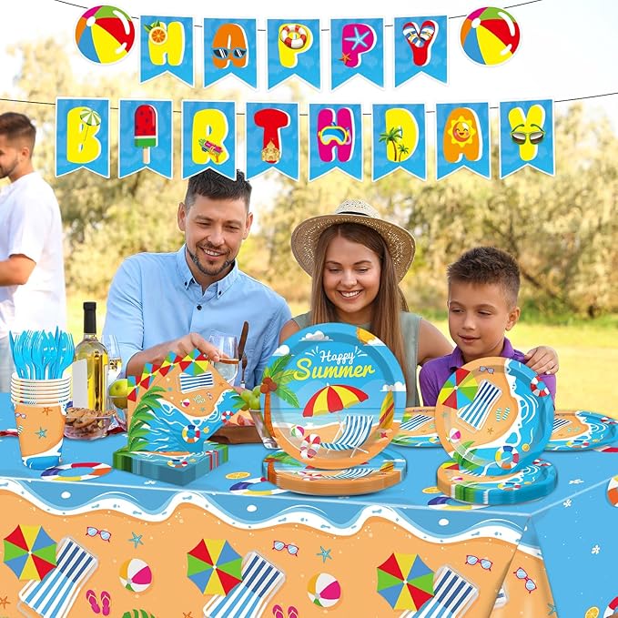 Qyeahkj 184 Pcs Beach Party Supplies Plates Napkins Set Includes Summer Plates Napkins Cups Tablecloth Swirls Banner Tableware Kit Beach Hawaiian Pool Birthday Decorations Favors for Kids, Serve 25