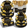 168 Pcs Retirement Party Supplies, Black Gold Happy Retirement Party Decorations for Women Retired Paper Plates Napkins Cups, Plastic Forks Knives Spoons for Going Away Decorations