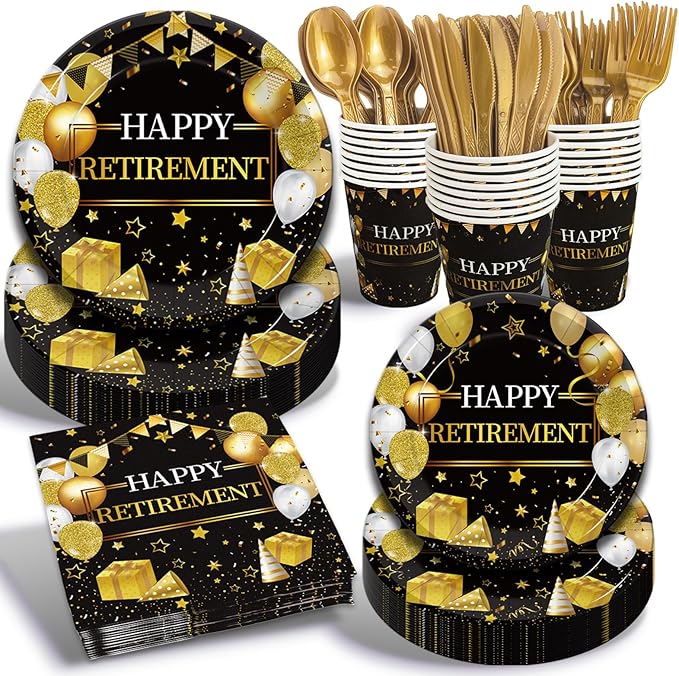 168 Pcs Retirement Party Supplies, Black Gold Happy Retirement Party Decorations for Women Retired Paper Plates Napkins Cups, Plastic Forks Knives Spoons for Going Away Decorations