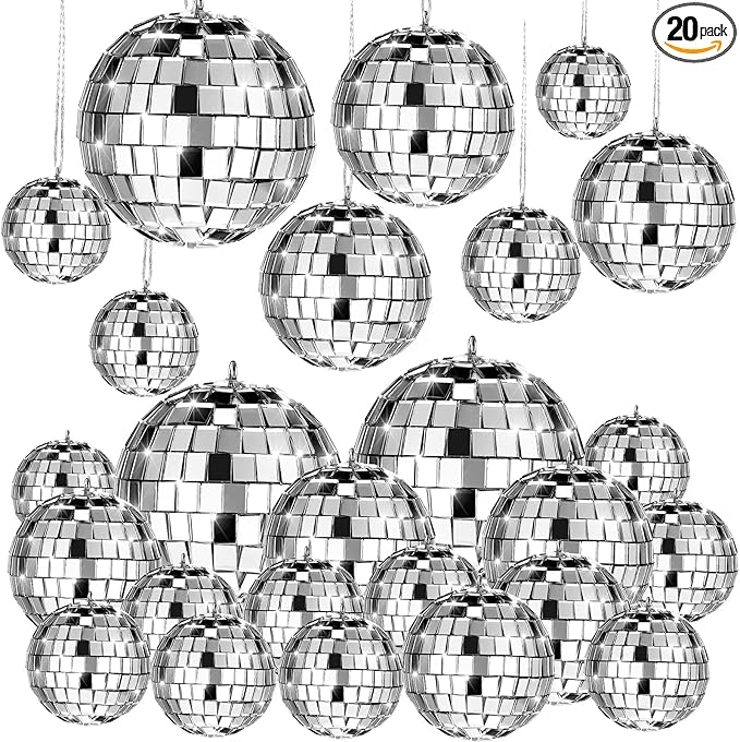 MTLEE 20 Pcs Disco Balls Decorations Assorted Size Party Decor Disco Ball Ornaments Mirror Mini Large Hanging with Rope for Wedding Festival Stage Prop