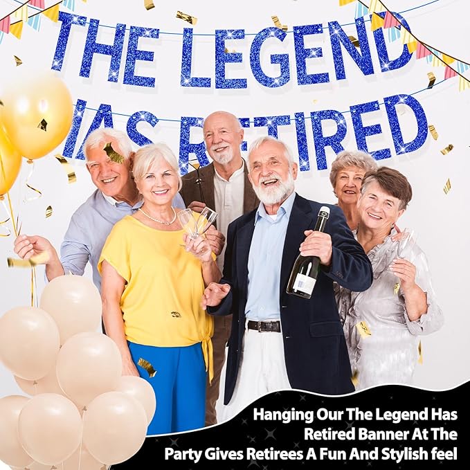 The Legend Has Retired Banner Blue Glitter Pre-Strung No DIY Retirement Banner Decorations for Men Women Retirement Party Supplies(Blue)