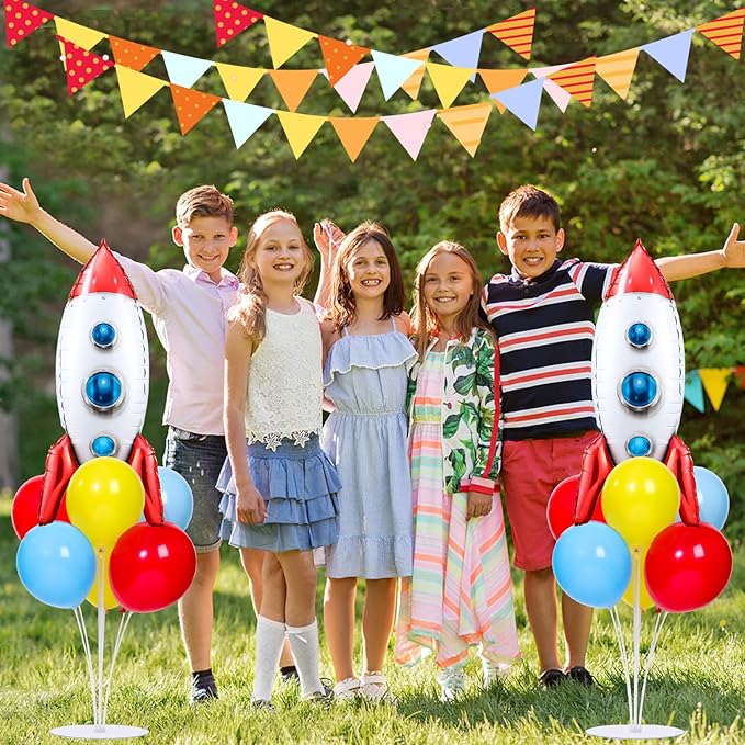Toy Inspired Themed Party Story Balloons Stand Kit 2 Sets With 2 Rocket Foil Balloons Toy Themed Red Blue Yellow Balloon Centerpiece for Tables for Boys Birthday Baby Shower Cartoon Party Decorations
