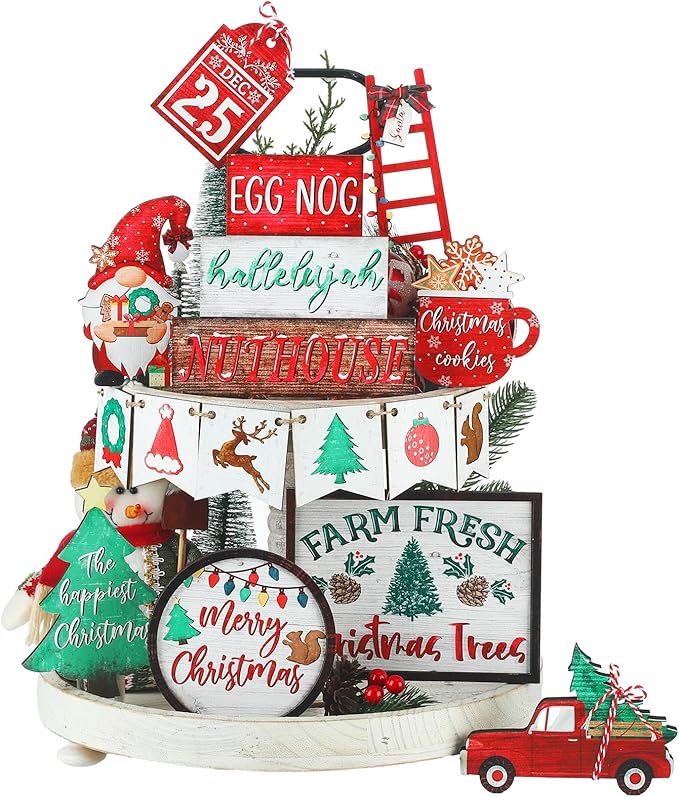 Christmas Tiered Tray Decor Set Christmas Wooden Sign Decor Rustic Farmhouse Gnome Snowflakes Table Sign for Bedroom Desk Office Party Supplies