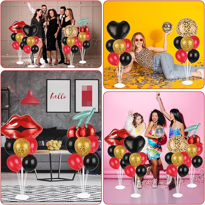 4 Sets Leopard Party Balloons Stand Kit with Black Love Red Lip Foil Balloons Centerpiece for Tables Leopard Print Cherry Party Balloon for Holiday Leopards Birthday Parties Theme Decorations Supplies