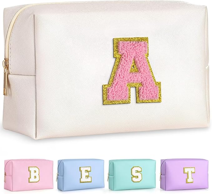 TOPEAST Graduation Gift for Her - Teacher Gifts, Birthday Gifts for 4 5 6 7 8 9 10 11 12 Year Old Girls, Initial Makeup Bag, Cosmetic Bag Travel Toiletry Pouch (White A)