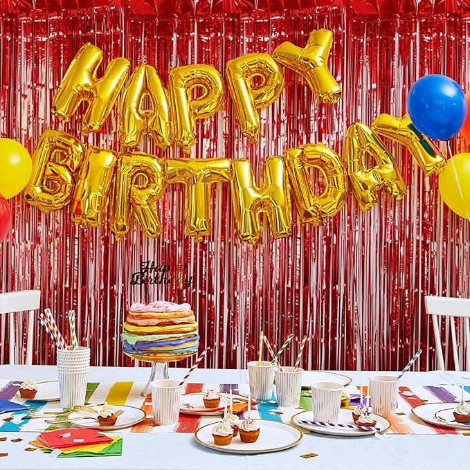 12 Pack Red Foil Curtain Backdrop 3.2ft x 6.6ft Metallic Tinsel Fringe Backdrop Curtains Streamer Photo Booth Backdrop for Birthday Engagement Bachelorette Christmas Holiday Party Decorations