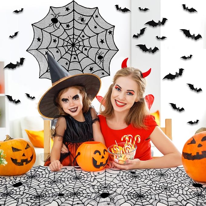 5Pack Halloween Decorations Indoor Halloween Spider Web Tablecloth Table Runners Fireplace Mantel Scarf Cobweb Lampshade Scary 3D Bats for Halloween Spooky Home Decor