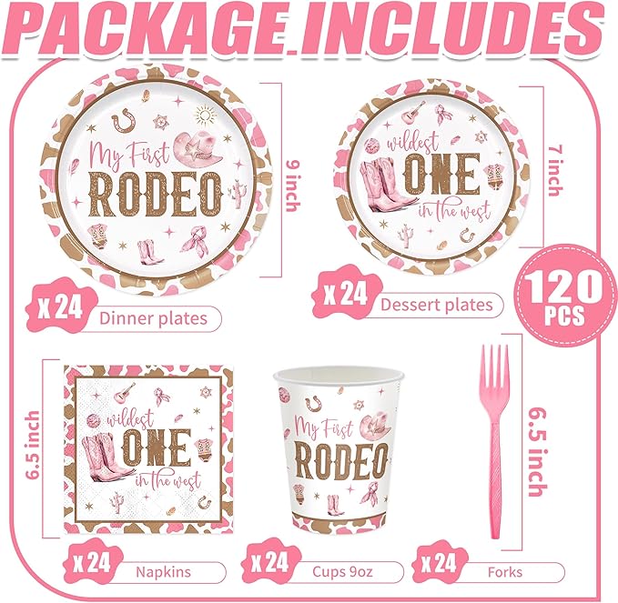 120pcs My First Rodeo Party Supplies Western Cowgirl Plates Napkins 1st Rodeo Tableware Set Paper Cups Pink Forks Western Birthday Party Decorations for Wild West Cowgirl Celebrations 24 Guests