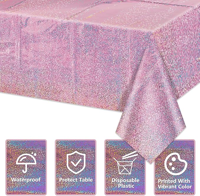 4Pcs Pink Holographic Tablecloths Rectangular Pink Iridescent Tablecloth Shimmer Metallic Table Covers for Girls Princess Wedding Witch Theme Birthday Party Decorations, 54x108Inch
