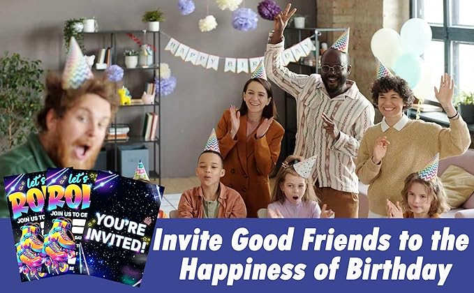CLIRBE Let's Roll Birthday Party Invitations, Glow Neon Birthday Invitations For Brother Bro Teen Boys Girls, 20 Invites Cards With 20 Envelopes, Party Supplies Favors -H07