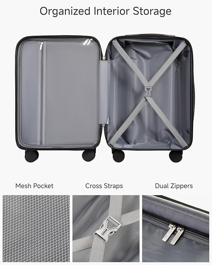 YOETEY Carry On Luggage 22x14x9 Airline Approved, 20" Hardside Suitcase with Front Pocket for Laptop, Lightweight Spinner Luggage with TSA Lock & Matching Tote Bag (3 Piece Sets, Black)