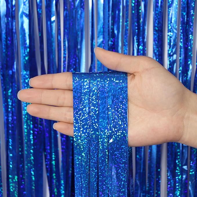 2 Pack Fringe Curtains Backdrops, Foil Fringe Curtains, Door Streamers for Birthday Wedding Bridal Shower Holiday Graduation Party Decorations, Photo Booth Backdrops, Glitter Blue