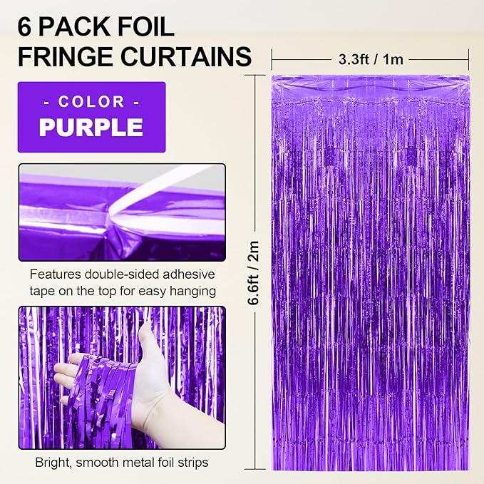Homiest 6 Pack Purple Tinsel Backdrop, 3.3x6.6 FT Metallic Tinsel Foil Fringe Curtains Party Decorations, Birthday Door Streamers for Baby Shower Wedding, Photo Booth Props Background Wall Decor