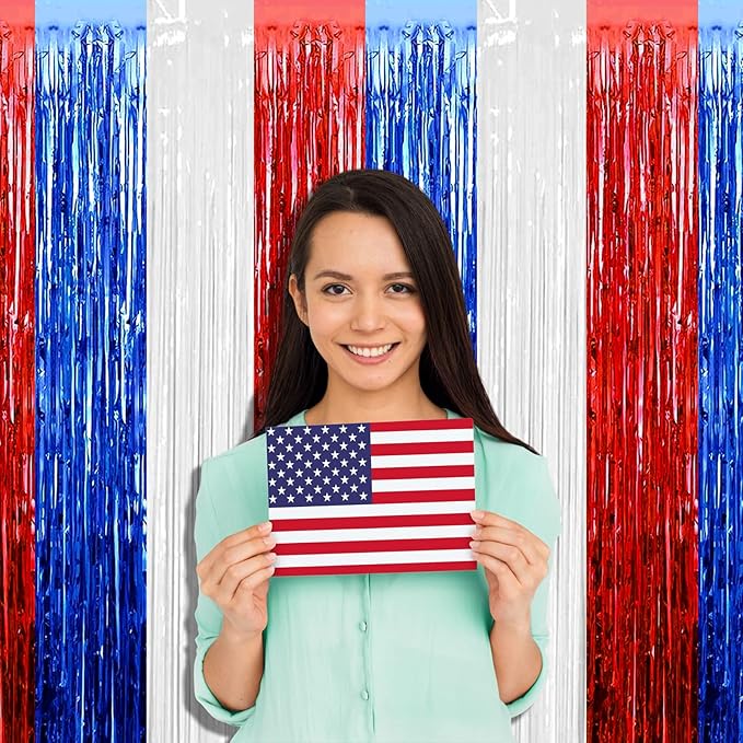 4 Pack 3.2Ft x 9.8Ft Foil Fringe Curtain Backdrop, Red Blue White Metallic Tinsel Foil Fringe Streamers Curtains Background for Photo Booth, Birthday, Wedding, Independence Day Party Decoration