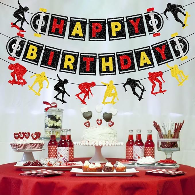 Zwiebeco Black Red Yellow Skateboard Happy Birthday Banner Bunting Hanging Paper Garland Party Decorations for Skater Boys Girls Kids Adults Sports Themed Bday Decor Accessories Supplies