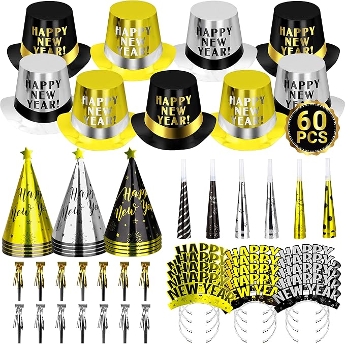 60PCS New Years Eve Party Favors, 30 People New Years Party Hats, Happy Eve Accessories Gold Silver Black, Cardboard Cone Hat Top Party Horn Blowers Tiara Supplies Decorations