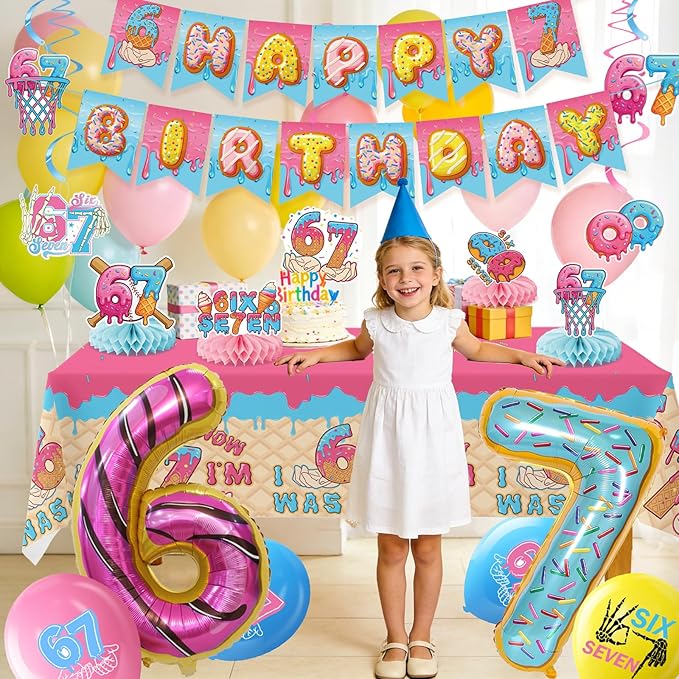 6 7 Themed Birthday Party Decorations, 6 7 Meme Decorations, Includes Foil Balloon, Banner, Hanging Swirls, Latex Balloons, Tables Centerpieces, Tablecloth for Six Seven Kids Boy Girl