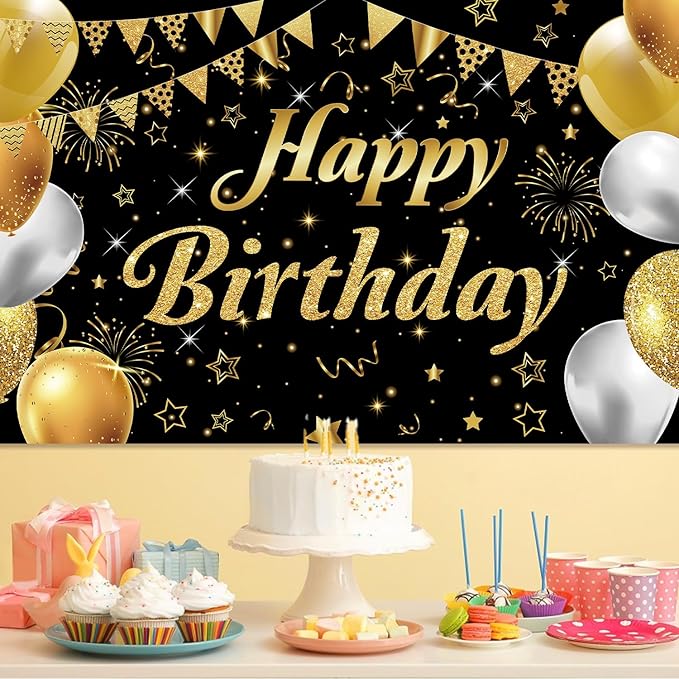 Happy Birthday Banner - Decorations for Men Women Party Welcome Background Sign, Indoor Outdoor (Gold-A)