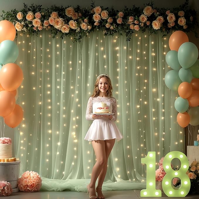 10x10FT Green Wrinkle Free Backdrop Curtains with Lights String for Parties - Photo Curtain Backdrop with Lights for Wedding Decorations, Bridal Baby Shower Birthday Party Photography Background