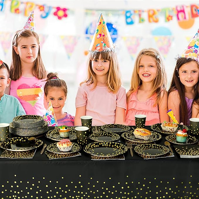 176 PCS Black Gold Party Dinnerware Set Black Golden Dot Disposable Dinnerware Plate Napkins Cups Gold Plastic Forks Knives Spoons Tablecloth Party Supplies Birthday Graduation New Years