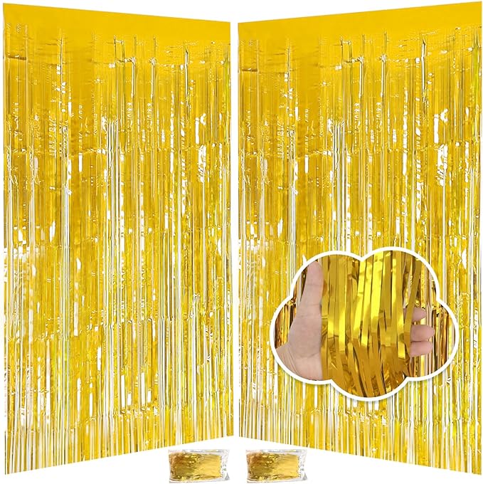 Gold Tinsel Backdrop Easter Decorations 3.3x8.2 ft, 2 Pack Foil Fringe Curtains for New Year, Photo Booth Props Door Streamers for St Patricks Day Birthday Thanksgiving Christmas Halloween Party