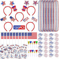 MOVINPE 120 Pcs Patriotic Party Favors, 4th of July Accessories Headbands, Shutter Shades Glasses, Beaded Necklaces, Hand Held USA Flags, Musical Blow Outs, Temporary Tattoos Parades Giveaways