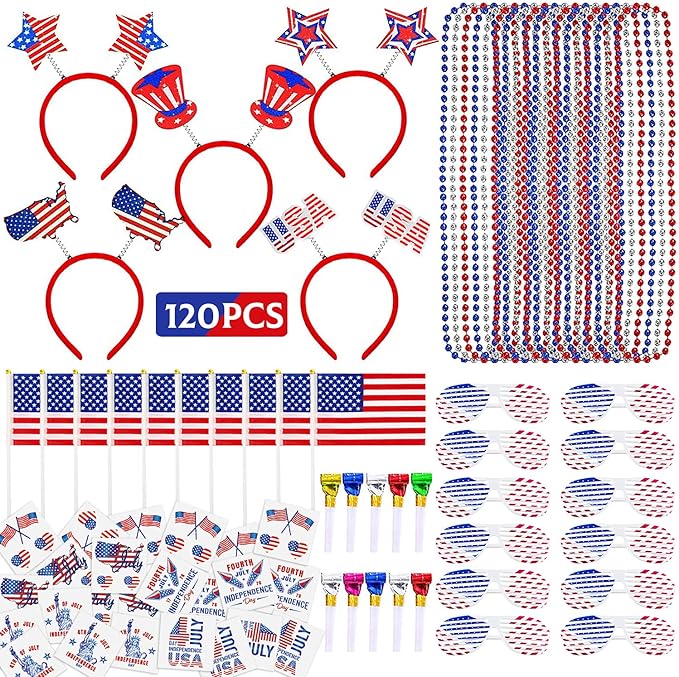 MOVINPE 120 Pcs Patriotic Party Favors, 4th of July Accessories Headbands, Shutter Shades Glasses, Beaded Necklaces, Hand Held USA Flags, Musical Blow Outs, Temporary Tattoos Parades Giveaways