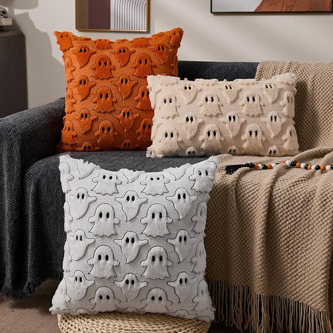 DFXSZ Halloween Pillow Covers 20x20 inch Set of 2 Orange White Ghost Throw Pillow Cases Soft Plush Faux Fur Wool Couch Cushion Case for Chair Sofa Bedroom Living Room Home Decor PTK03K20