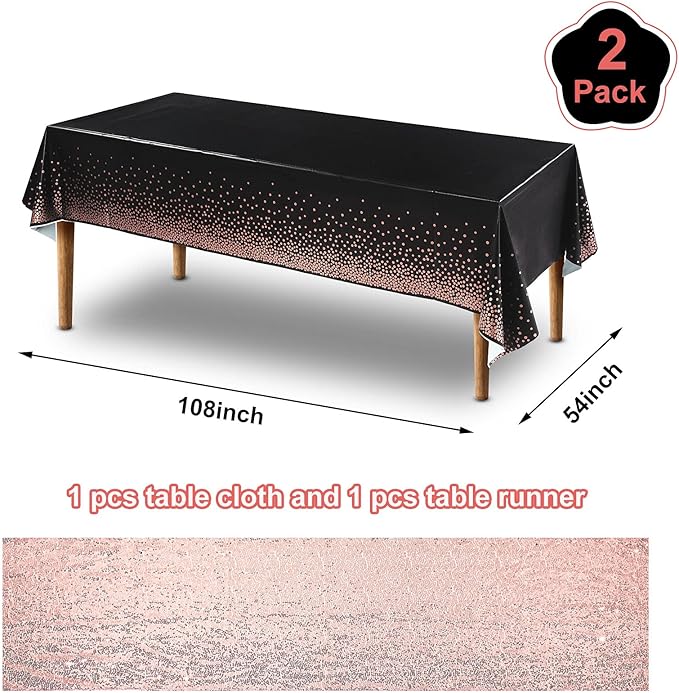 Irenare Tablecloth and Sequin Table Runner Set Polka Dots Confetti Table Cover Dining Plastic Tablecloths Glitter Decorations for Birthday Wedding Anniversary Party Supplies(Black, Rose Gold,2 Pcs)