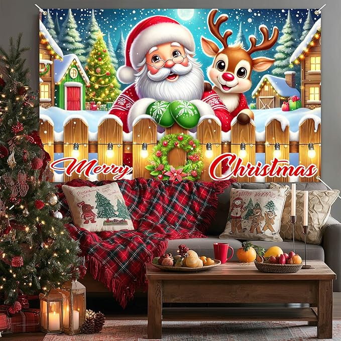 Merry Christmas Santa Reindeer Banner 71x43 Inches Merry Christmas Tree Scene Banner Holiday Photography Background Indoor Outdoor Seasonal Party Wall Decoration Winter Backdrop