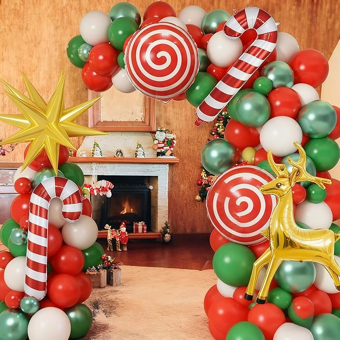 Christmas Balloons Garland Arch Kit Red White Green Xmas Decoration Balloon with Candy Gingerbread Elk Santa Claus Merry Christmas Foil Balloons for New Year Winter Holiday Christmas Party Decorations