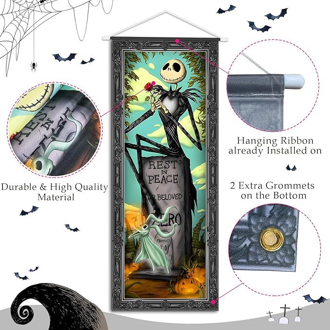4 Packs Jack Sally Banners Porch Signs Halloween Decor Christmas Nightmare Hanging Vintage Banner Halloween Decorations Outdoor Horror Poster for Indoor Stretching Portraits Before Party Banner Wall Art Wallpaper