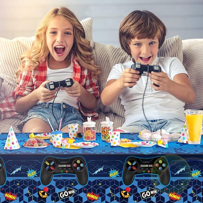 Tatuo 1 Pcs Video Game Table Cover, Game Theme Birthday Decoration Plastic Table Cloth Party Supplies for Boys Girls Kids Player Geek Party Decorations, 54 x 108 Inch (Blue)