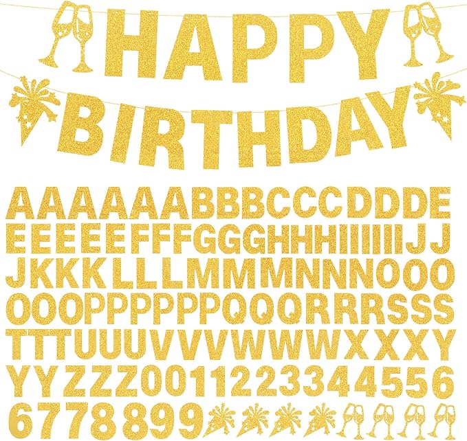129Pcs DIY Custom Letter Banner Glitter Customizable Banner Kit 0-9 Numbers DIY Happy Birthday Letters Light Rope Personalized Banners for Wedding Birthday Party Decorations Supplies(Dazzling Glod)