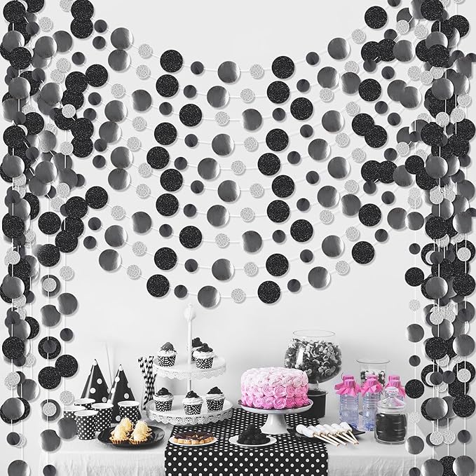 Outus 10 Pieces Black,Silver Round Dots Garland Easter Graduation Party Hanging Decor Each Length 13.1ft Glitter Paper Dot Streamers for Birthday Wedding Classroom