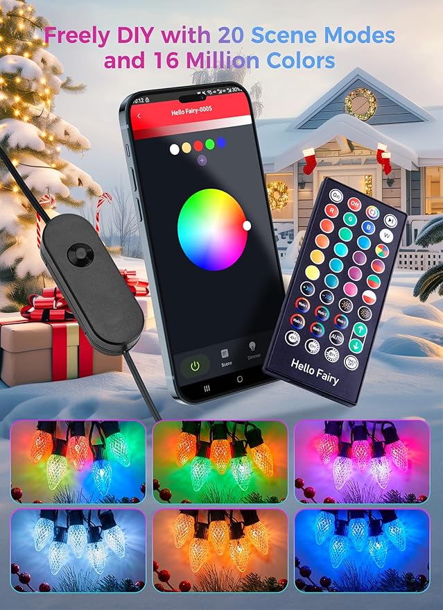 Brightown Smart C9 LED Christmas Lights Outdoor House, 66Ft 100 LED RGB Christmas Pathway Lights with 58 Preset Modes, App or Remote Control, Music Sync, Memory and Timer Function for Indoor/Outside