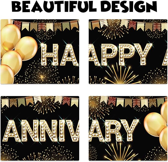 Happy Anniversary Party Backdrop Banner Black Gold Balloons Fireworks Theme Decor for Wedding Anniversary Party Supplies Yard Sign Background Indoor and Outdoor Party Decorations Gift