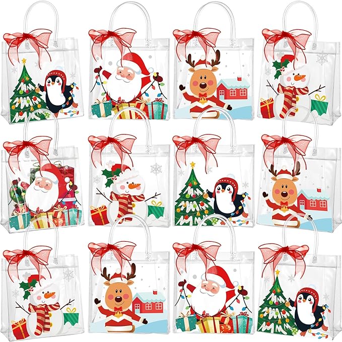 Henoyso 12 Pcs Christmas Clear Gift Bags Plastic Candy Treat Goodie Bags Red Foil Santa PVC Wrap Totes with Handles and Ribbon Xmas Party Favors (Santa and Snowman,7.8 x 7.8 x 3.1 Inch)
