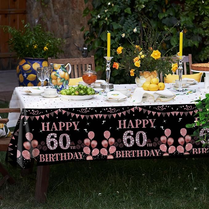 3PCS 60th Birthday Tablecloth Decorations for Women Happy Sixty Birthday Theme Black and Rose Gold Table Cloths,60 Year Old Birthday Plastic Disposable Rectangular Table Cloth Decor