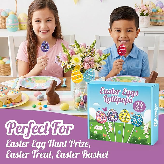 Easter Eggs Lollipops with Natural Colors – 24 Count, Individually Wrapped Candy Pops, Egg Shaped Lollipops For Baskets, Egg Hunt Party Favors, Easter Classroom Treats, And Spring Candy For Kids.