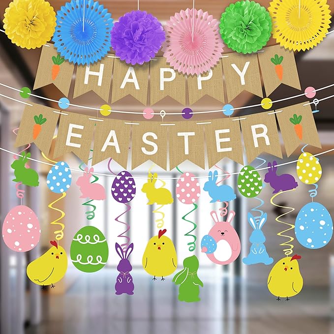 Easter Animal Party Decorations Set for Home: Happy Easter Banner Egg Bunny Hanging Swirls Yellow Purple Green Pom Pom Ornaments Spring Decor for Indoor Birthday Party Supplies