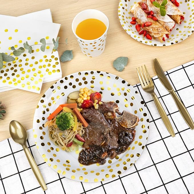 Lzerking Party Supplies Set - 210 Pieces of White and Gold Dot Paper Plates, Cups, Napkins, and Heavy Duty Silverware for 30 Guests for Birthdays, Graduation, Wedding, Festivals