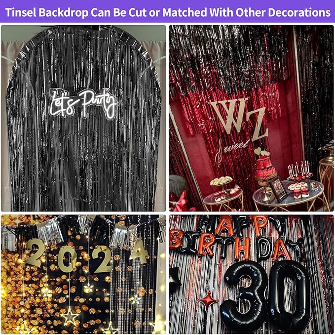 Black Fringe Backdrop Party Decorations 3.3 x 8.2 ft, 2 Pack Foil Fringe Curtains Door Streamers, Black Tinsel Backdrop for Birthday Halloween Twilight Bachelorette Decor