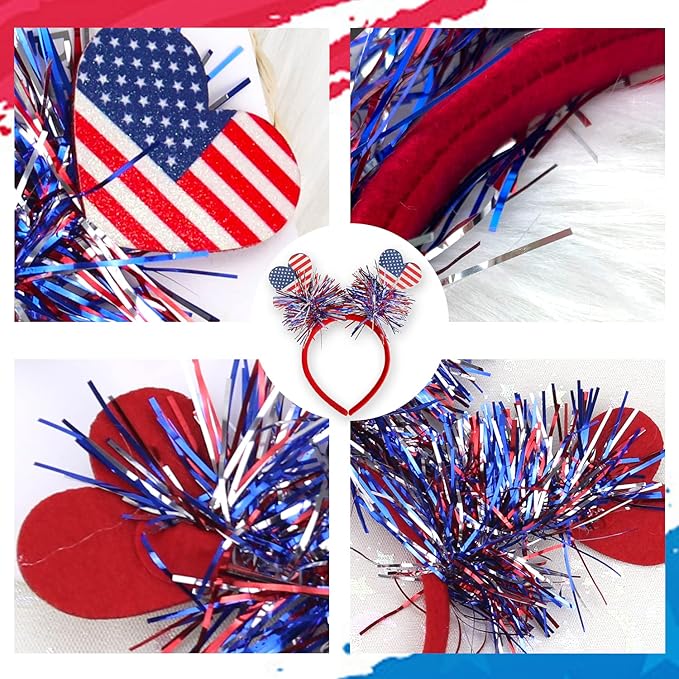 4th of July Headband Independence Day Hair Accessories Patriotic Party Hair Supplies American Flag Love Heart Design Blue Red Ribbon Hair Decoration Cute Hair Hoop for Women Girls Kids 1 Pcs