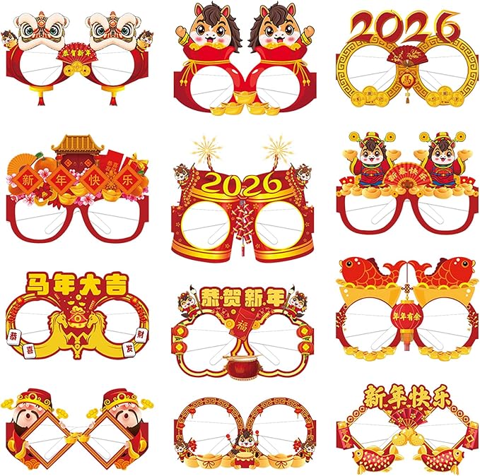 12PCS Lunar New Year Glasses, Funny Chinese New Year Paper Eyeglasses Photo Booth Props Spring Festival Eyeglasses Frames for Year of the Horse Party Supplies 2026